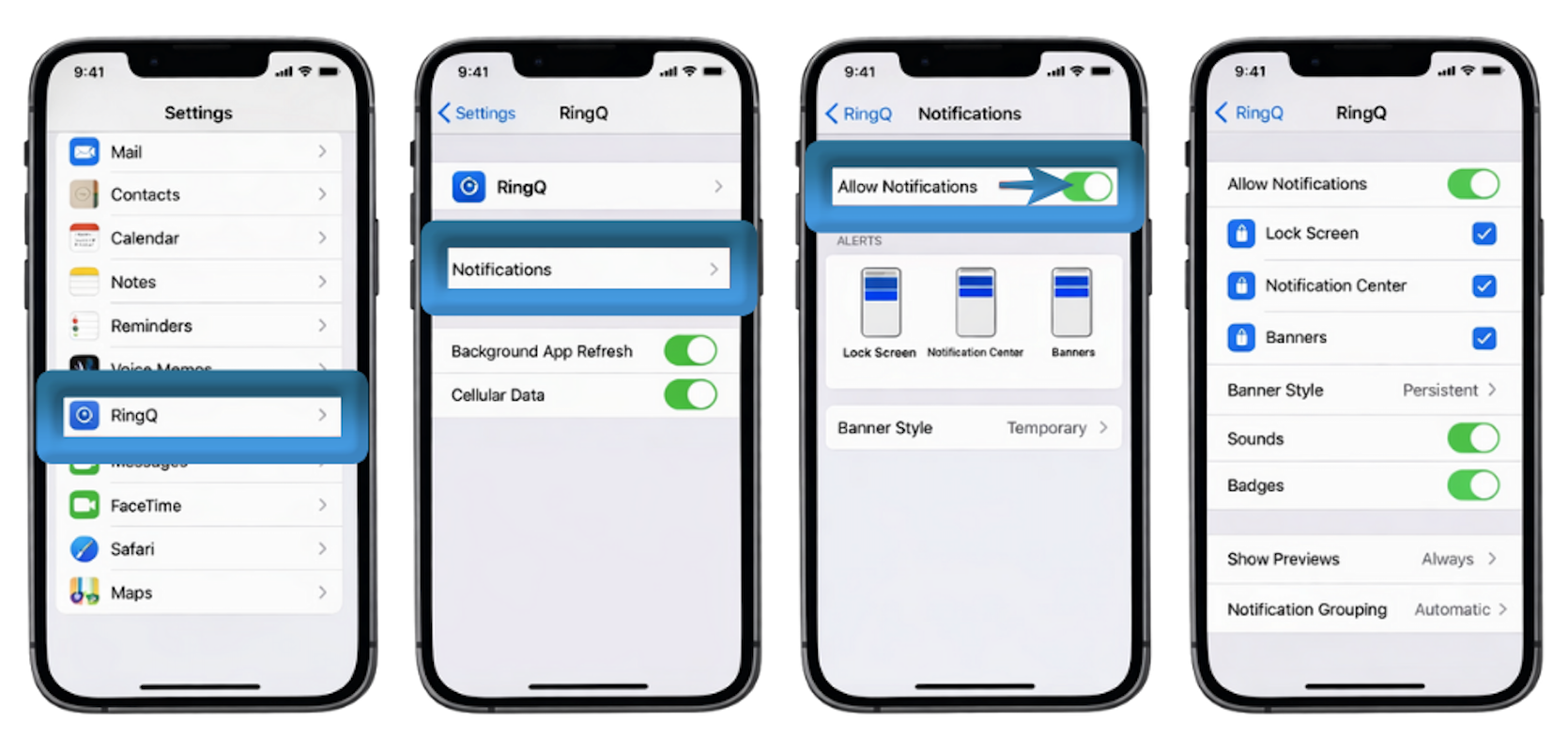 RingQ iOS app system-level notifications